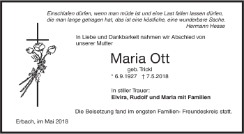 Traueranzeige von Maria Ott von SÜDWEST PRESSE Ausgabe Ulm/Neu-Ulm