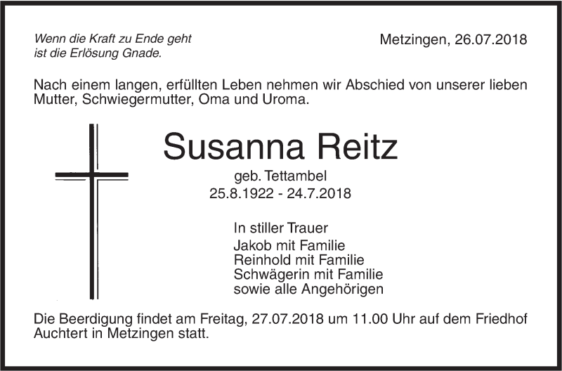 Traueranzeigen Von Susanna Reitz S Dwest Presse Trauer