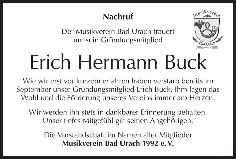 Traueranzeigen von Erich Hermann Buck Südwest Presse Trauer