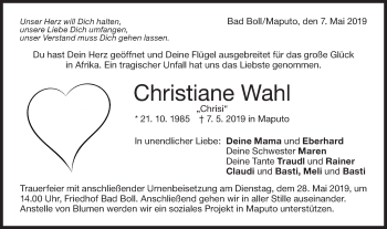 Traueranzeige von Christiane Wahl von NWZ Neue Württembergische Zeitung