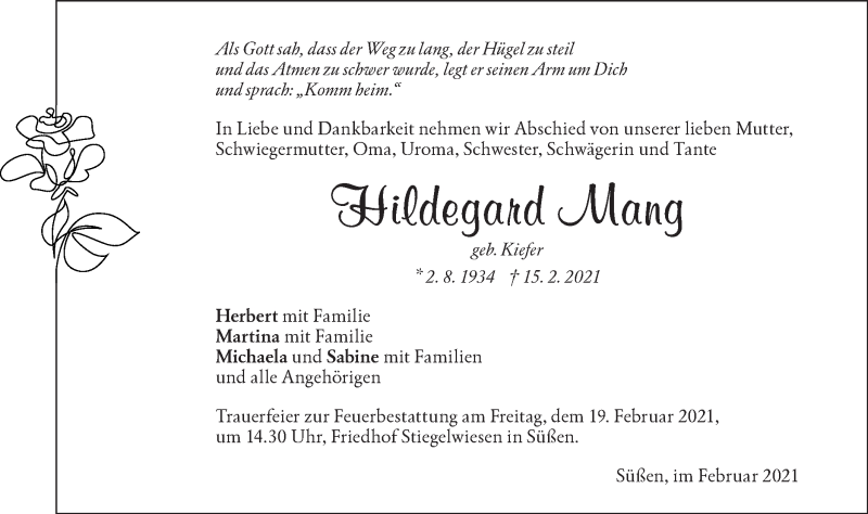 Traueranzeigen Von Hildegard Mang S Dwest Presse Trauer