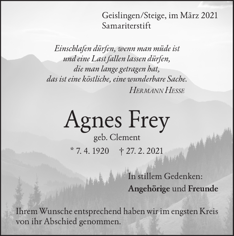 Traueranzeigen Von Agnes Frey S Dwest Presse Trauer