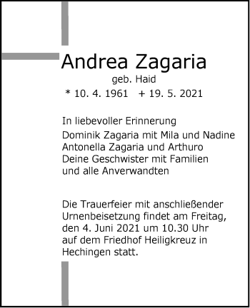 Traueranzeige von Andrea Zagaria von Metzinger-Uracher Volksblatt