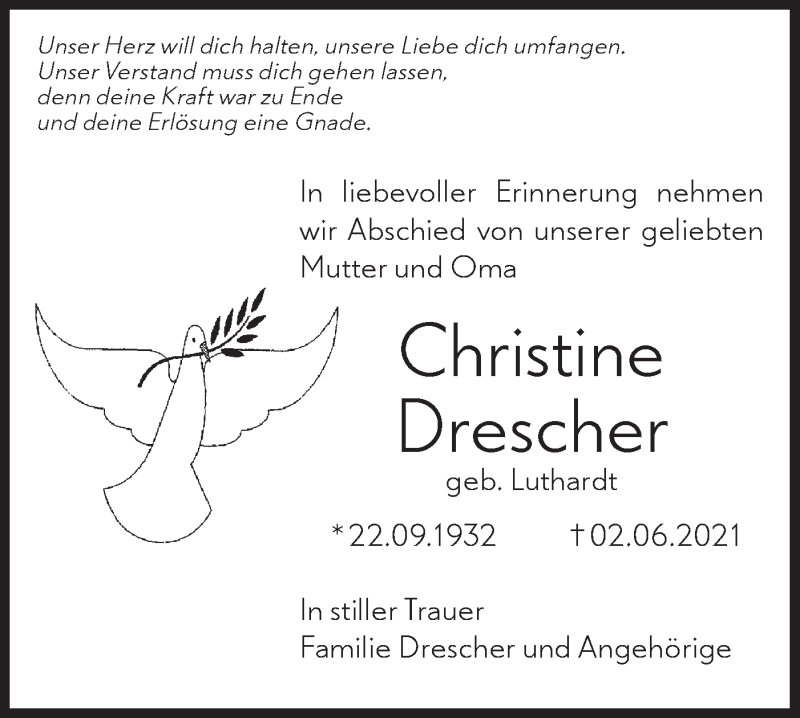 Traueranzeigen Von Christine Drescher S Dwest Presse Trauer