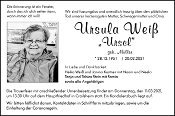 Traueranzeigen von Ursula Weiß Südwest Presse Trauer