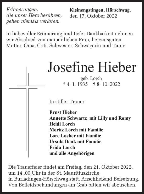 Traueranzeigen von Josefine Hieber Südwest Presse Trauer