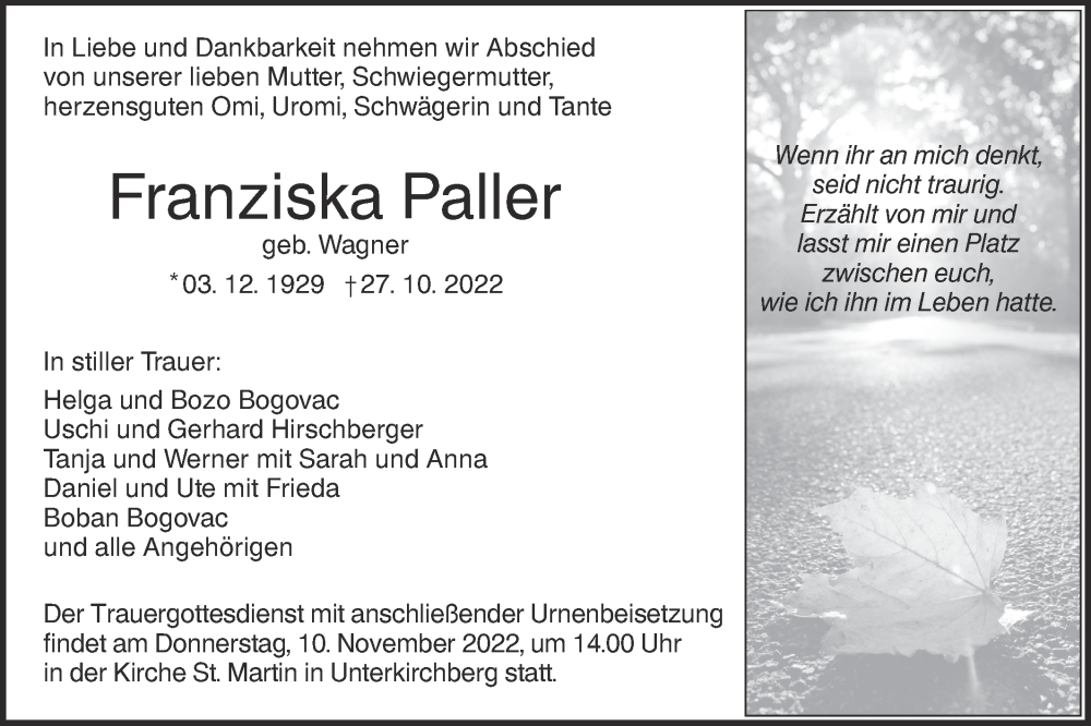 Traueranzeigen von Franziska Paller Südwest Presse Trauer