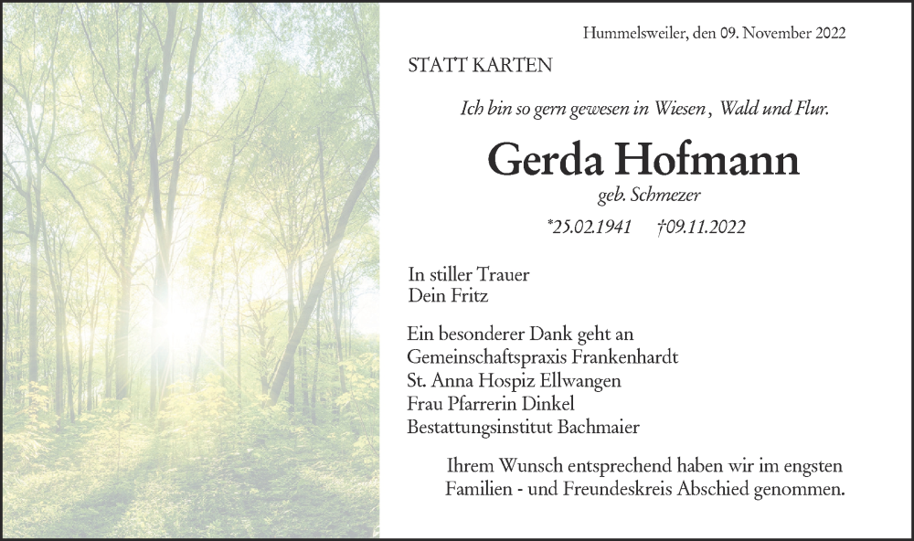 Traueranzeigen Von Gerda Hofmann S Dwest Presse Trauer