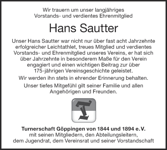 Traueranzeigen von Hans Sautter Südwest Presse Trauer