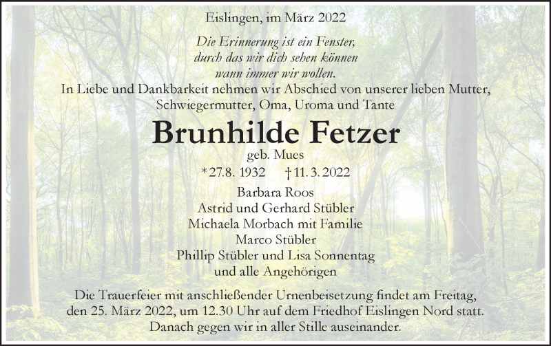 Traueranzeigen Von Brunhilde Fetzer S Dwest Presse Trauer