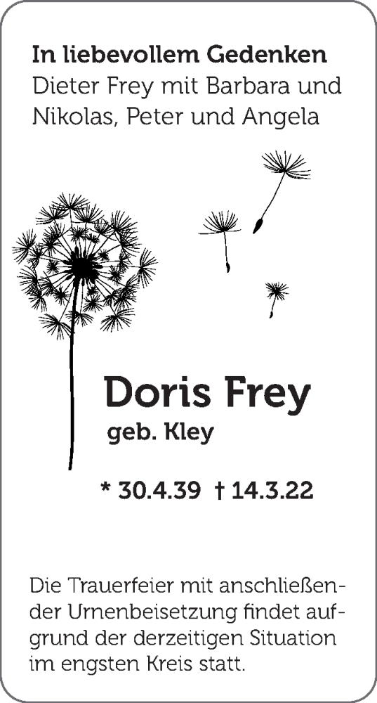 Traueranzeigen Von Doris Frey S Dwest Presse Trauer