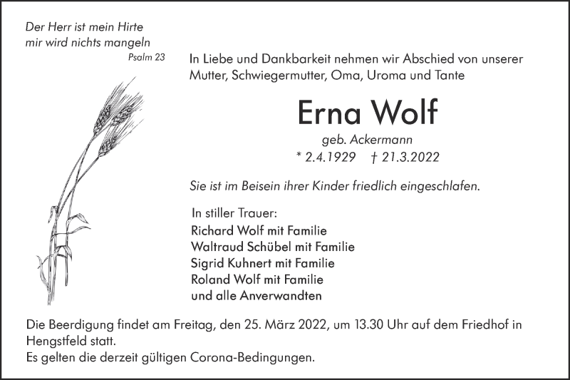 Traueranzeigen von Erna Wolf Südwest Presse Trauer