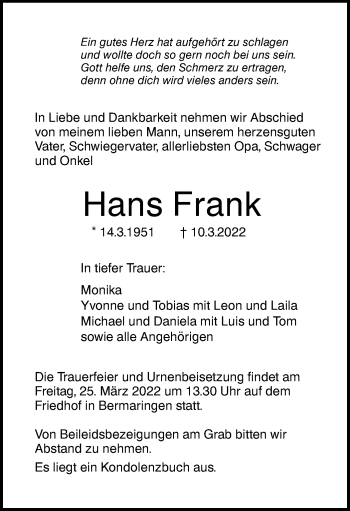 Traueranzeigen Von Hans Frank S Dwest Presse Trauer