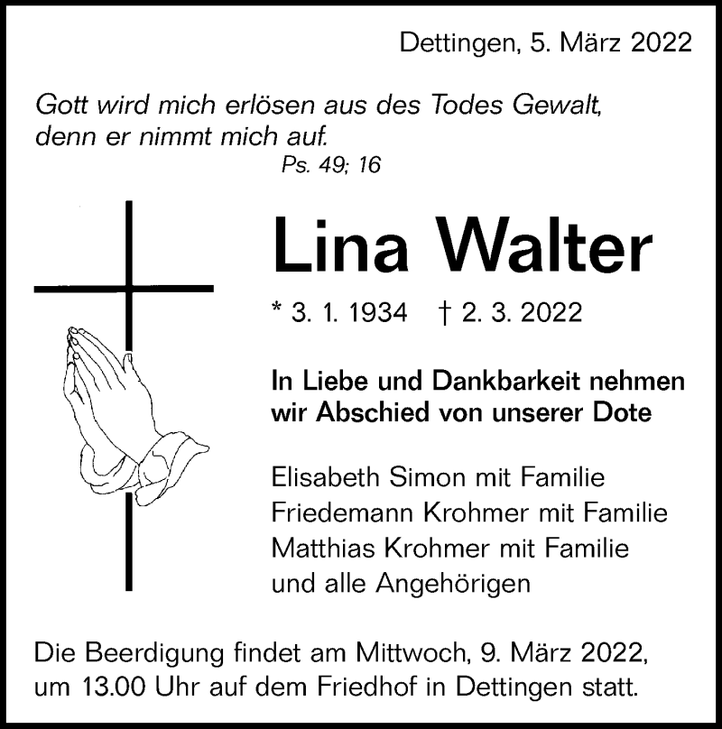 Traueranzeigen Von Lina Walter S Dwest Presse Trauer