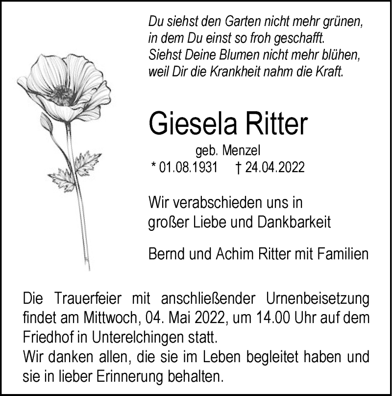 Traueranzeigen von Giesela Ritter Südwest Presse Trauer