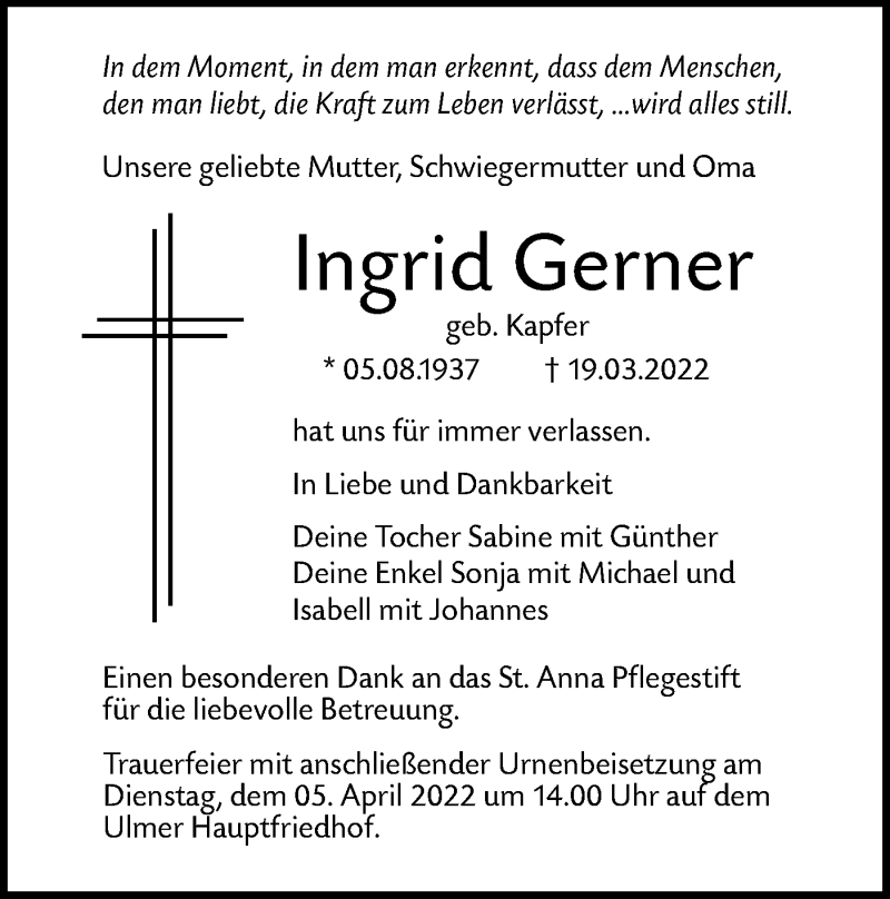 Traueranzeigen von Ingrid Gerner Südwest Presse Trauer