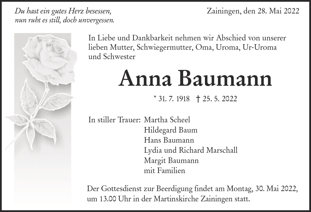 Traueranzeigen von Anna Baumann Südwest Presse Trauer