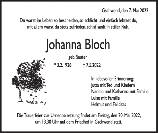Traueranzeige von Johanna Bloch von Rundschau Gaildorf