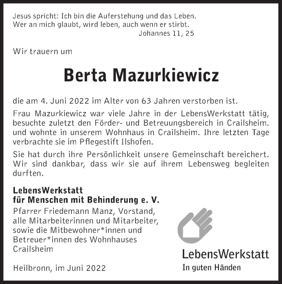 Traueranzeigen Von Berta Mazurkiewicz S Dwest Presse Trauer