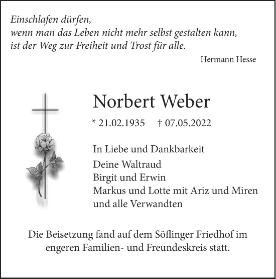 Traueranzeige von Norbert Weber von SÜDWEST PRESSE Ausgabe Ulm/Neu-Ulm