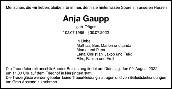 Traueranzeigen Von Anja Gaupp S Dwest Presse Trauer