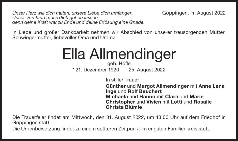 Traueranzeigen Von Ella Allmendinger S Dwest Presse Trauer