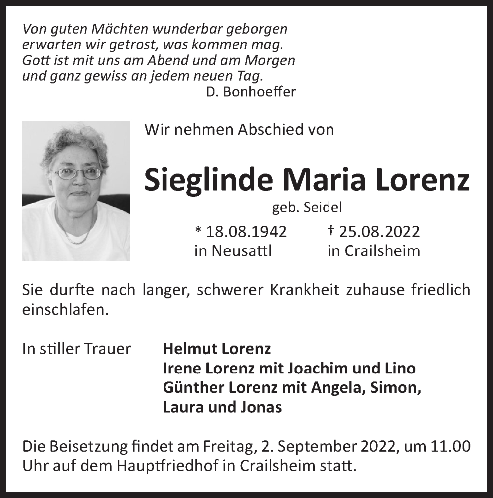 Traueranzeigen Von Sieglinde Maria Lorenz S Dwest Presse Trauer