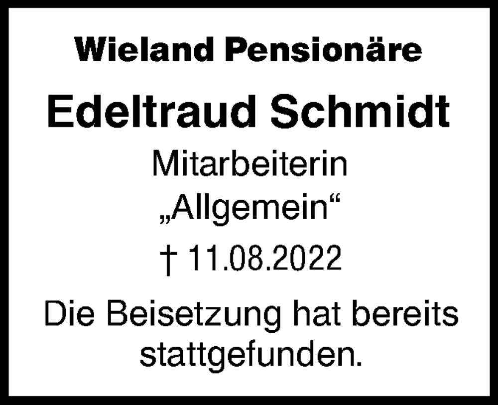 Traueranzeigen von Edeltraud Schmidt Südwest Presse Trauer