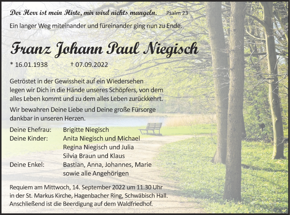 Traueranzeigen von Franz Johann Paul Niegisch Südwest Presse Trauer