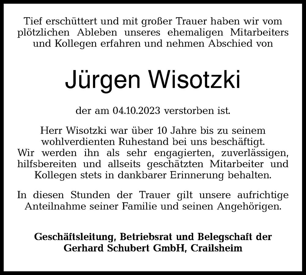 Traueranzeigen Von J Rgen Wisotzki S Dwest Presse Trauer