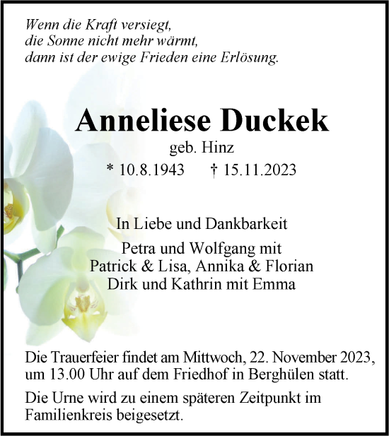 Traueranzeigen Von Anneliese Duckek S Dwest Presse Trauer