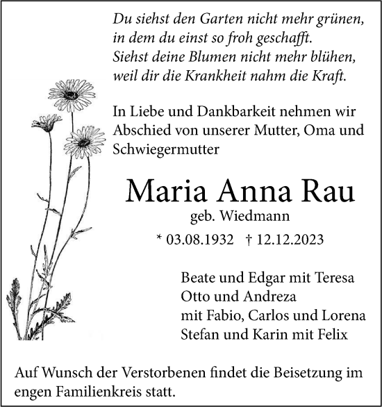 Traueranzeigen Von Maria Anna Rau S Dwest Presse Trauer