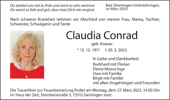 Traueranzeigen Von Claudia Conrad S Dwest Presse Trauer