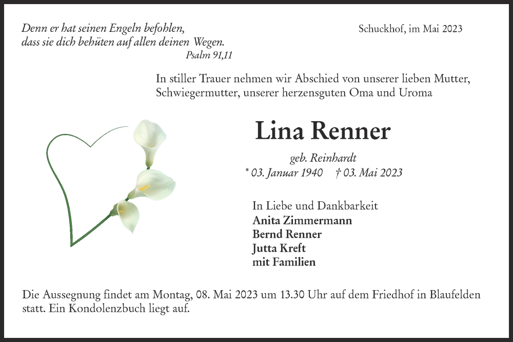 Traueranzeigen von Lina Renner Südwest Presse Trauer