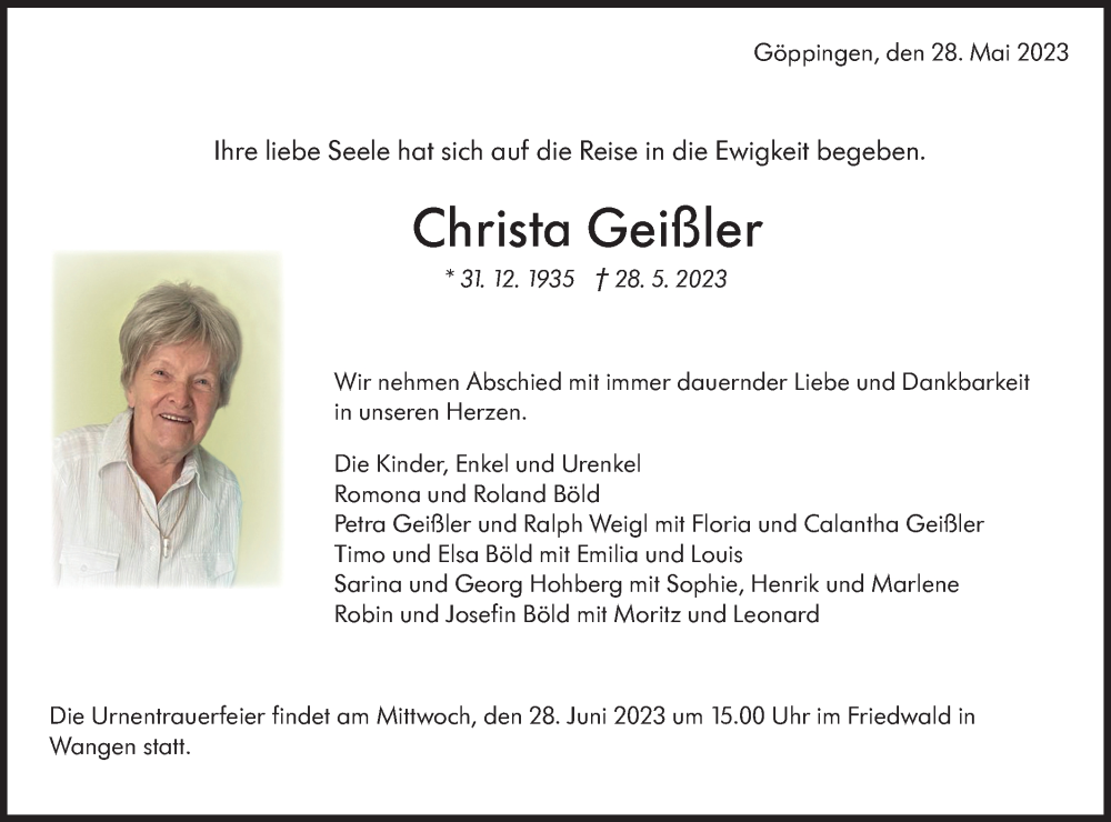 Traueranzeigen von Christa Geißler Südwest Presse Trauer