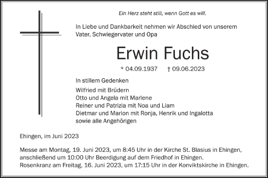 Traueranzeigen von Erwin Fuchs Südwest Presse Trauer