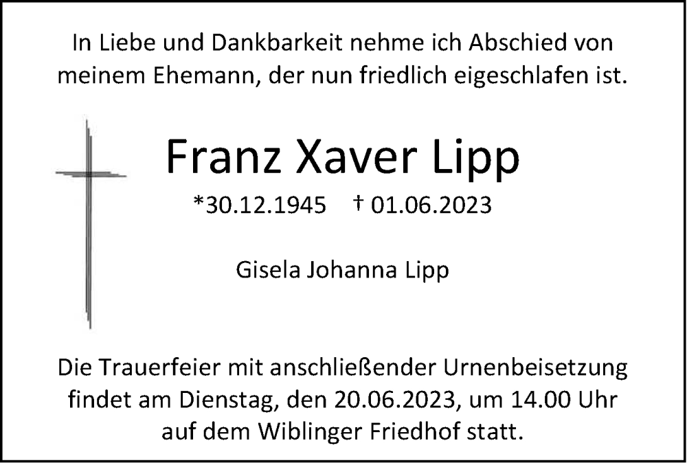 Traueranzeigen Von Franz Xaver Lipp S Dwest Presse Trauer