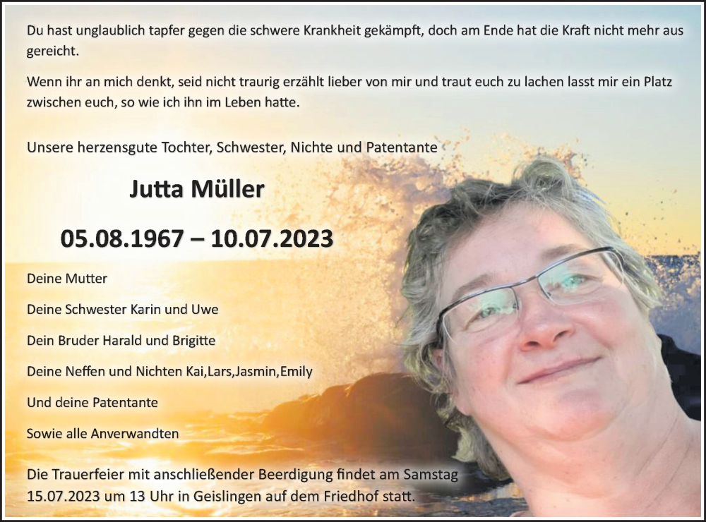 Traueranzeigen Von Jutta M Ller S Dwest Presse Trauer