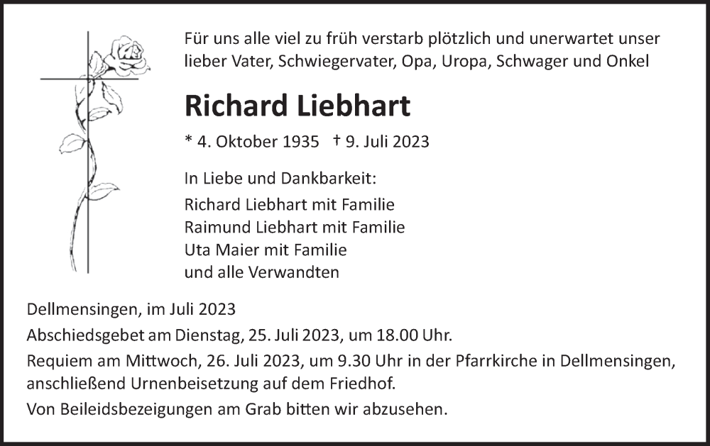 Traueranzeigen von Richard Liebhart Südwest Presse Trauer