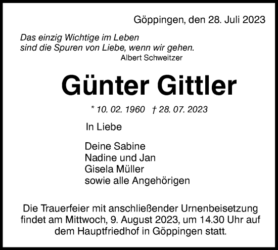 Traueranzeigen Von G Nter Gittler S Dwest Presse Trauer