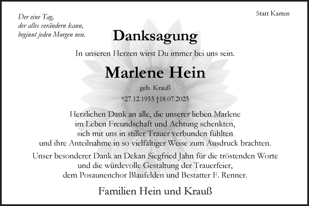 Traueranzeigen Von Marlene Hein S Dwest Presse Trauer