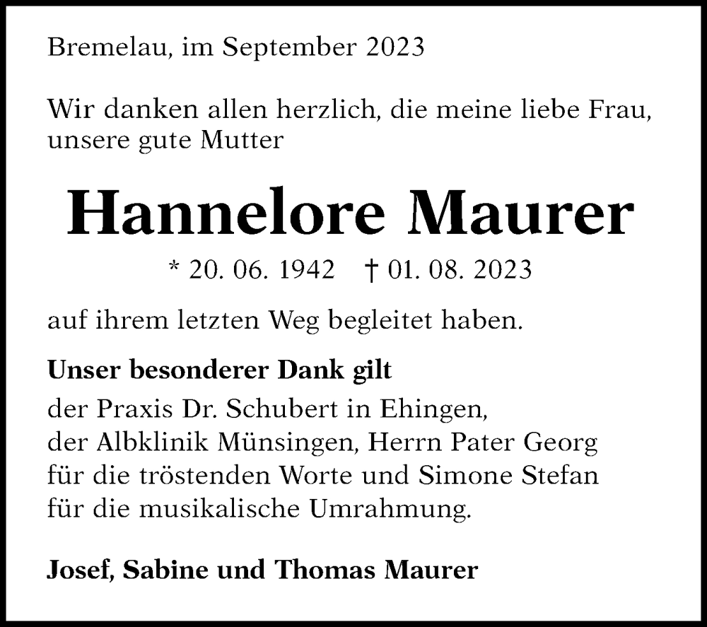 Traueranzeigen Von Hannelore Maurer S Dwest Presse Trauer