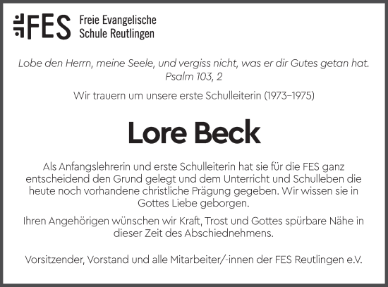 Traueranzeigen von Lore Beck Südwest Presse Trauer