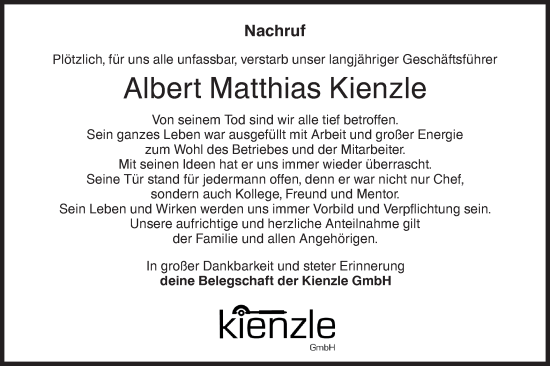 Traueranzeigen Von Albert Matthias Kienzle S Dwest Presse Trauer