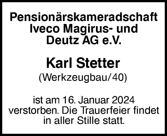 Traueranzeigen Von Karl Stetter S Dwest Presse Trauer