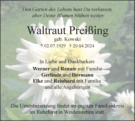 Traueranzeige von Waltraut Preißing von SÜDWEST PRESSE Ausgabe Ulm/Neu-Ulm