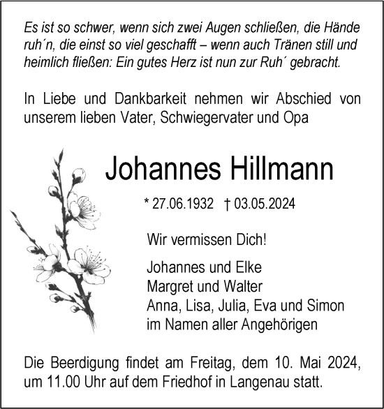 Traueranzeige von Johannes Hillmann von SÜDWEST PRESSE Ausgabe Ulm/Neu-Ulm