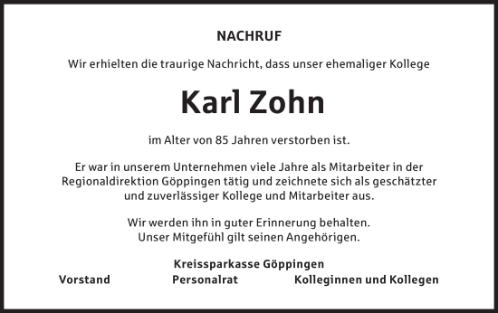 Traueranzeige von Karl Zohn von NWZ Neue Württembergische Zeitung/Geislinger Zeitung