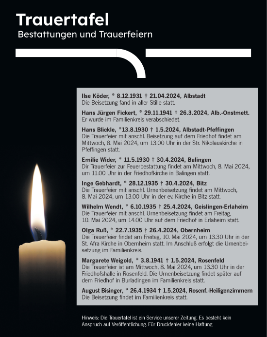 Traueranzeige von Totentafel vom 07.05.2024 von SÜDWEST PRESSE Zollernalbkreis/Hohenzollerische Zeitung