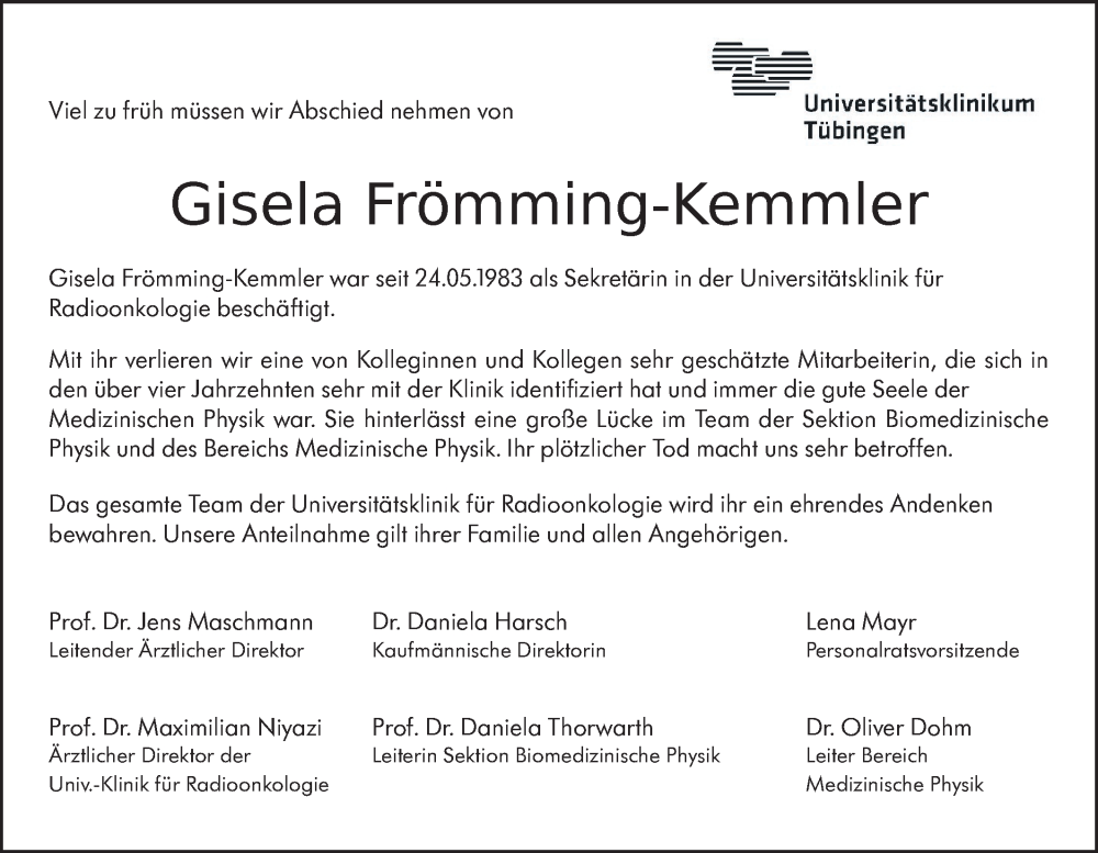 Traueranzeigen von Gisela Frömming Kemmler Südwest Presse Trauer